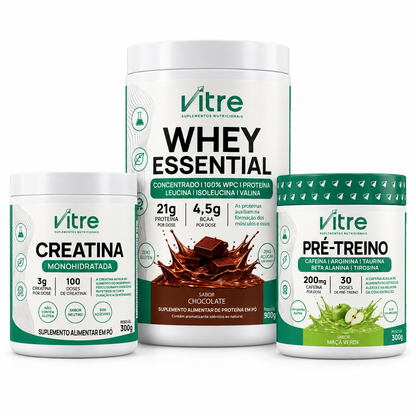 Kit Completo Essential - Whey Chocolate, Creatina e Pré-treino