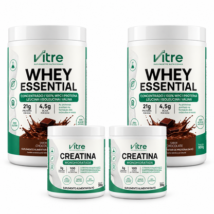 Kit 2 Creatinas + 2 Whey Essential Chocolate - 3 meses