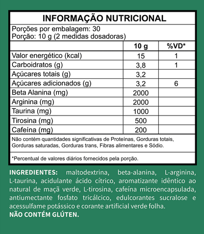 Pré-Treino 300g • 200mg de Cafeína/dose • Sabor Maçã Verde
